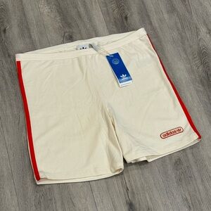 Adidas Women's Casual Light Cream Athletic Short Leggings with Red Stripe Detail